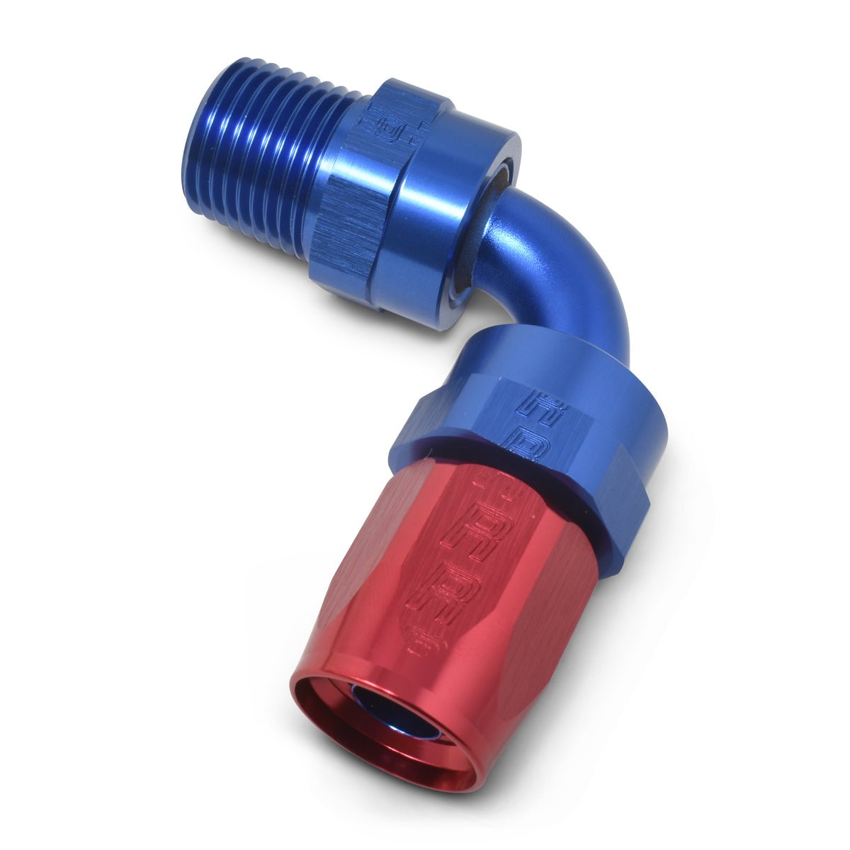 Russell Performance -10 AN Red/Blue 90 Deg Full Flow Swivel Pipe Thread Hose End (With 1/2in NPT) - 612120