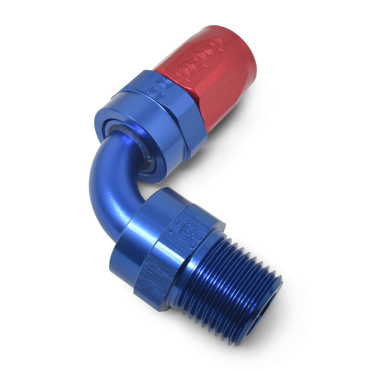 Russell Performance -10 AN Red/Blue 90 Deg Full Flow Swivel Pipe Thread Hose End (With 3/8in NPT) - 612190