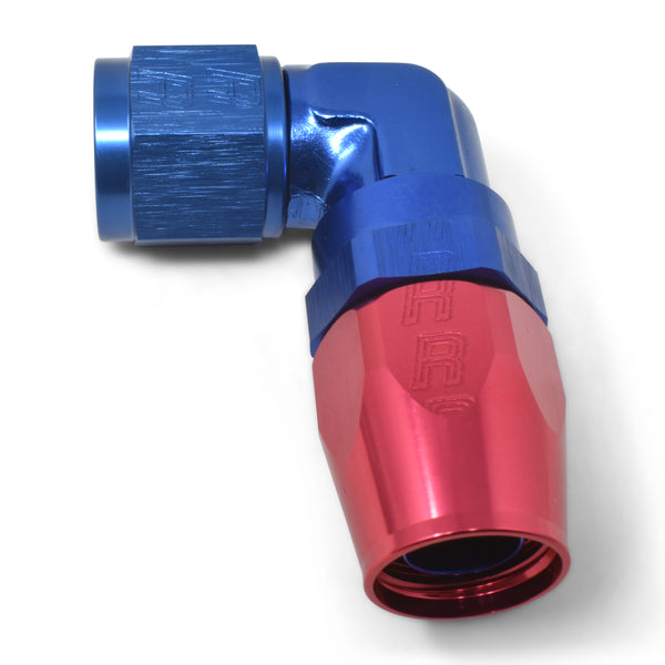 Russell Performance -8 AN Red/Blue 90 Degree Forged Aluminum Swivel Hose End - 613650 - front view