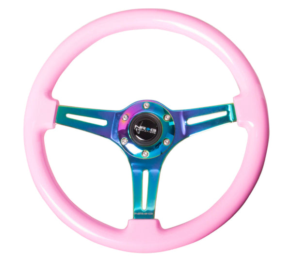 NRG Classic Wood Grain Steering Wheel (350mm) Solid Pink Painted Grip w/Neochrome 3-Spoke Center - ST-015MC-PK - front view
