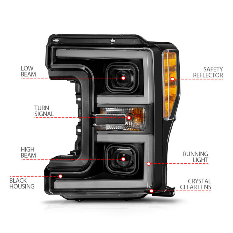 ANZO 17-19 Ford F-250/350/450 SD (w/o Factory LED) LED Proj Headlights w/Light Bar Switchback Blk - 111577