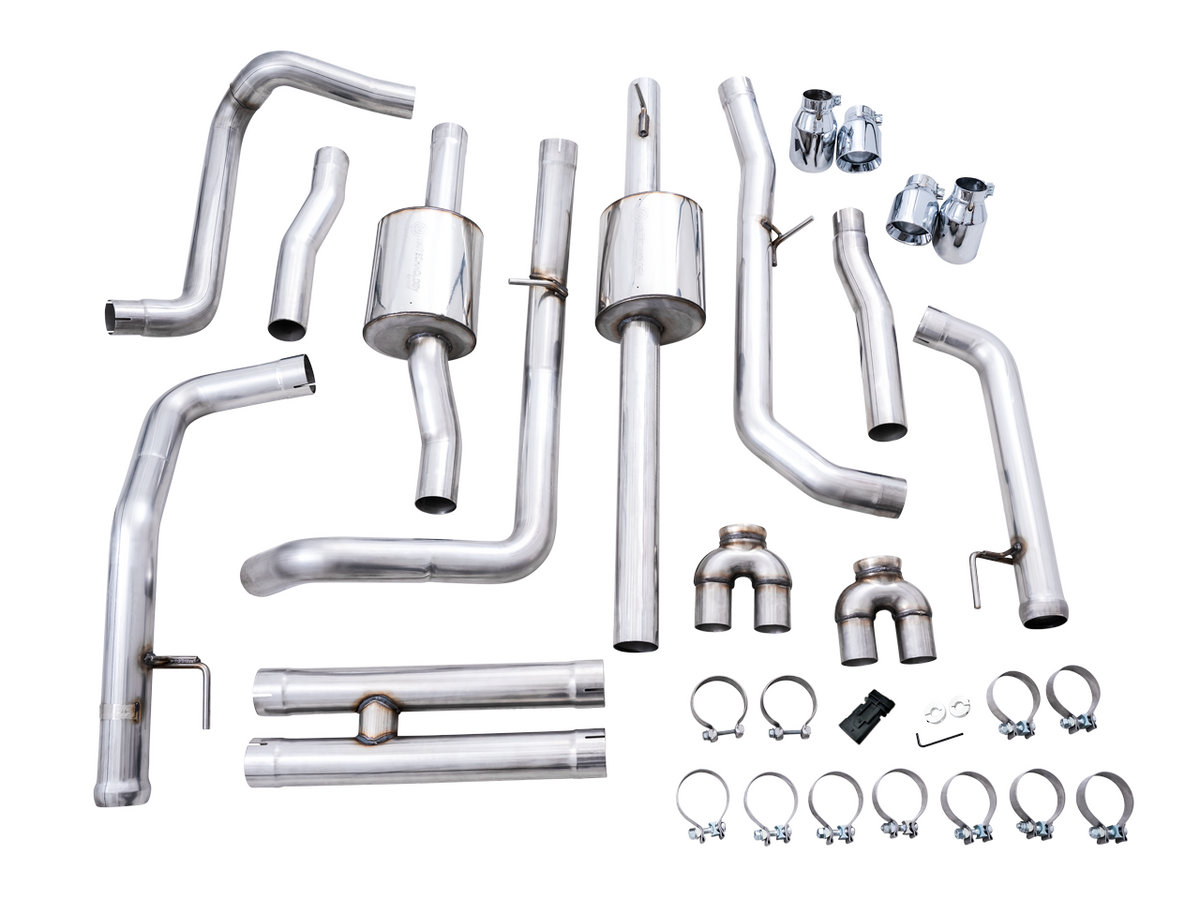 AWE Tuning 4th Gen GM 1500 6.2L 0FG Catback Split Rear Exit (w/ Bumper Cutouts) - Quad Chrome Tips - 3015-42203