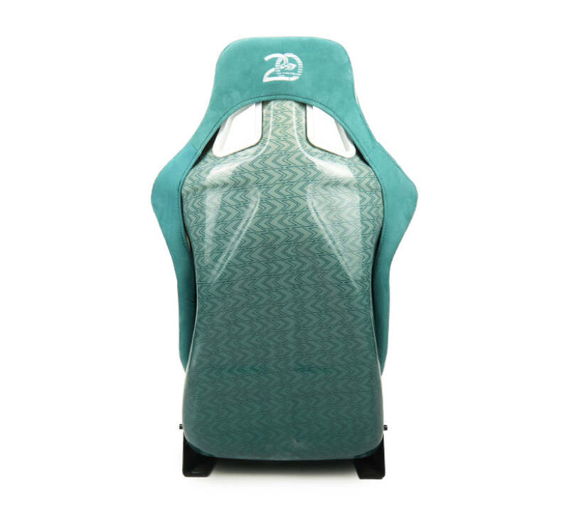NRG FRP Bucket Seat - 20 Year Anniversary - Microfiber Green w/ White Stripes & Arrow Design - Large - FRP-302TWTY-GN - close-up view