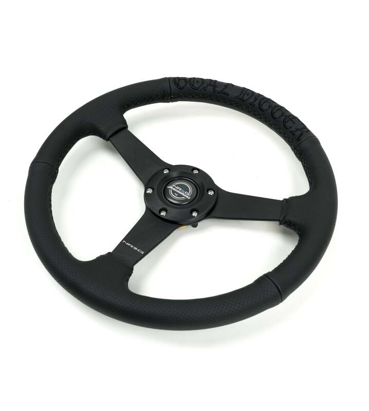 NRG Reinforced Black Perforated Leather Steering Wheel 350mm / 1.5in Deep w/ Goal Digger Blk Stitch - RST-037MB-BGD-R - close-up view 2