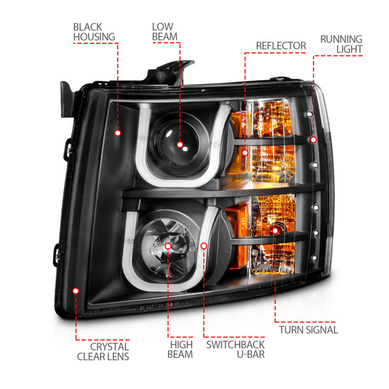 ANZO 2007-2013 Chevrolet Silverado 1500/2500 Projector Headlights w/ U-Bar Switchback Black w/ Amber - 111384