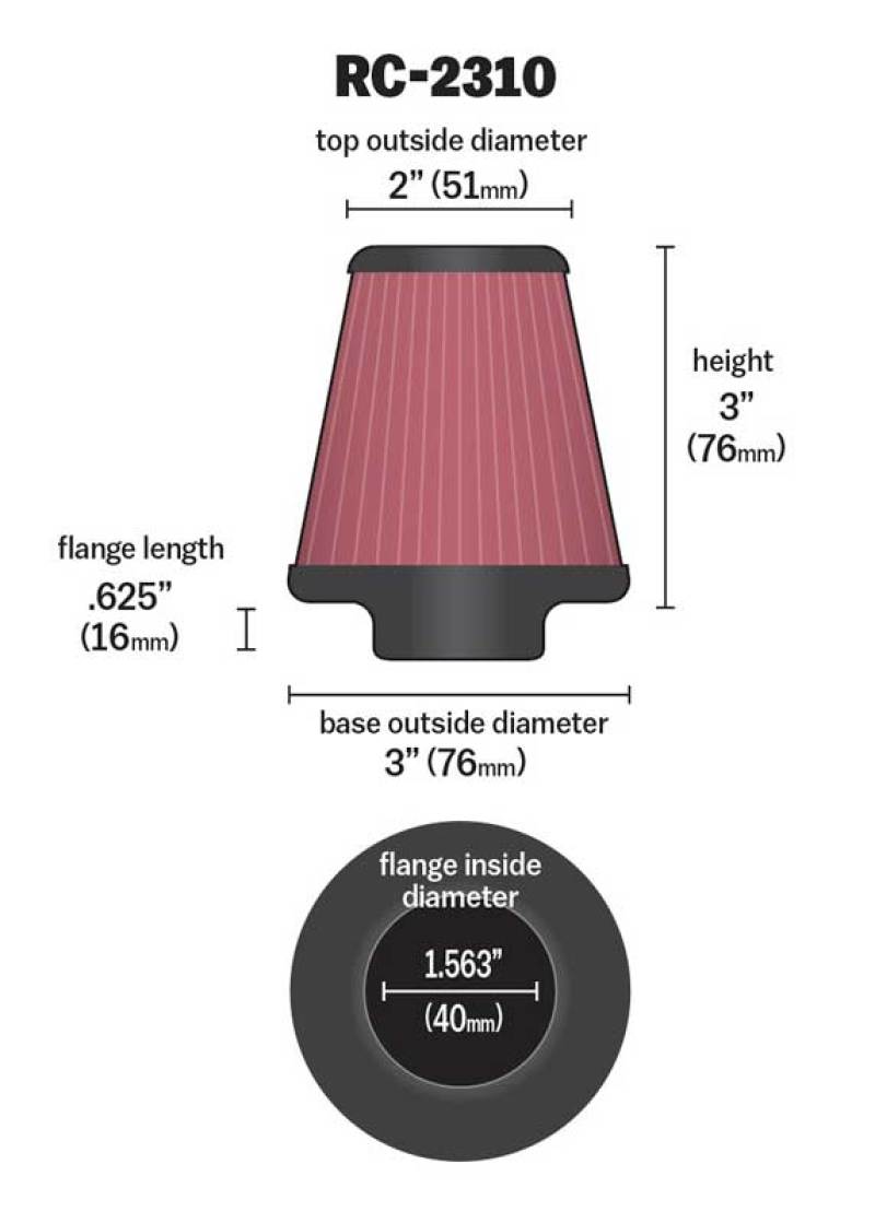K&amp;N Universal Round Tapered Chrome Filter 1.563in Flange ID x 3in Base OD x 2in Top OD x 3in H - RC-2310