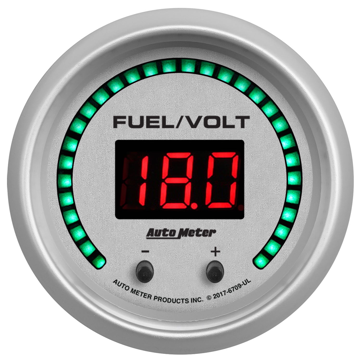 Autometer 52.4mm Silver Switchable 0-100 Fuel Level/8-18V Voltmeter Ultra-Lite Elite Digital Gauge - 6709-UL
