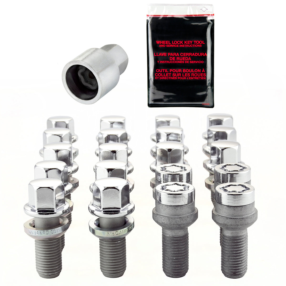 McGard 5 Lug Hex Install Kit w/Locks (Radius Seat Bolt) M14X1.5 / 17mm Hex / 26.3mm Shank L - Chrome - 68018