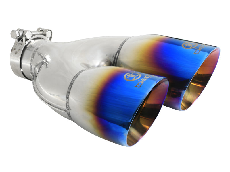 aFe Takeda 2.5in 304 Stainless Steel Clamp-on Exhaust Tip Driver Side 2.5in Inlet 4inDual-Blue Flame - 49T25484-L122
