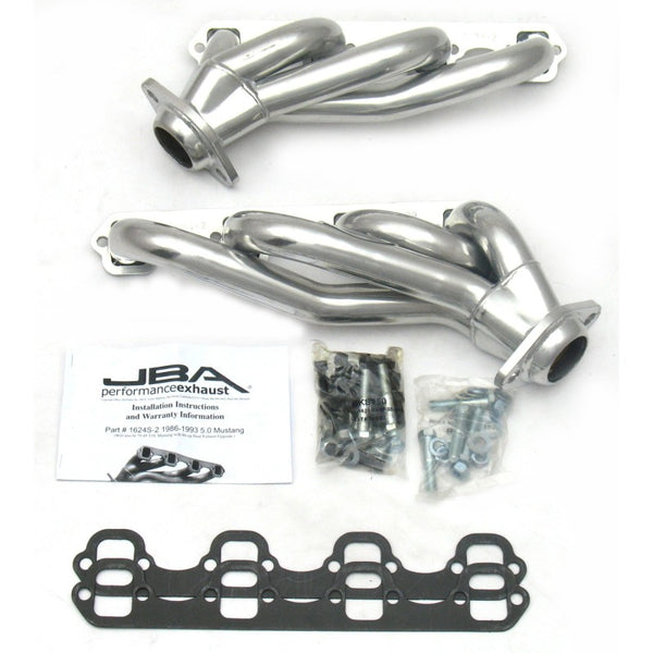 JBA 86-93 Ford Mustang 5.0L SBF 1-5/8in Primary Silver Ctd Cat4Ward Header - 1624S-2JS for 1986-1993 Ford Mustang - front vie