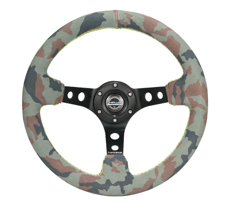NRG Reinforced Steering Wheel (350mm / 3in. Deep) Camo Suede Mark w/ Neon Grn stitching & Blk Spoke - RST-006MB-S-CAMO - front view