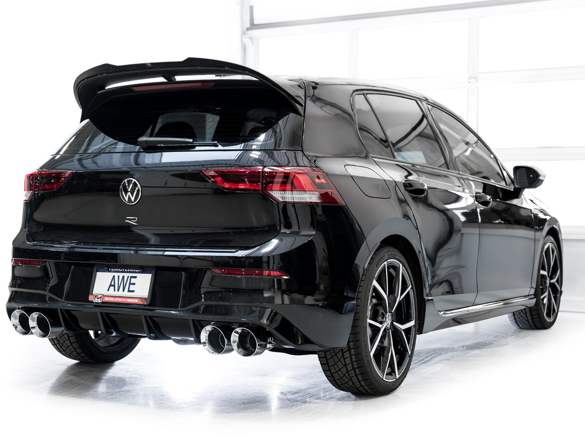 AWE MK8 Volkswagen Golf R 3in Touring Edition Quad Exhaust - Chrome Silver Tips - 3015-42658