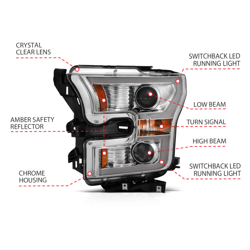 ANZO 2015-2017 Ford F-150 Projector Headlights w/ Plank Style Switchback Chrome w/ Amber - 111358