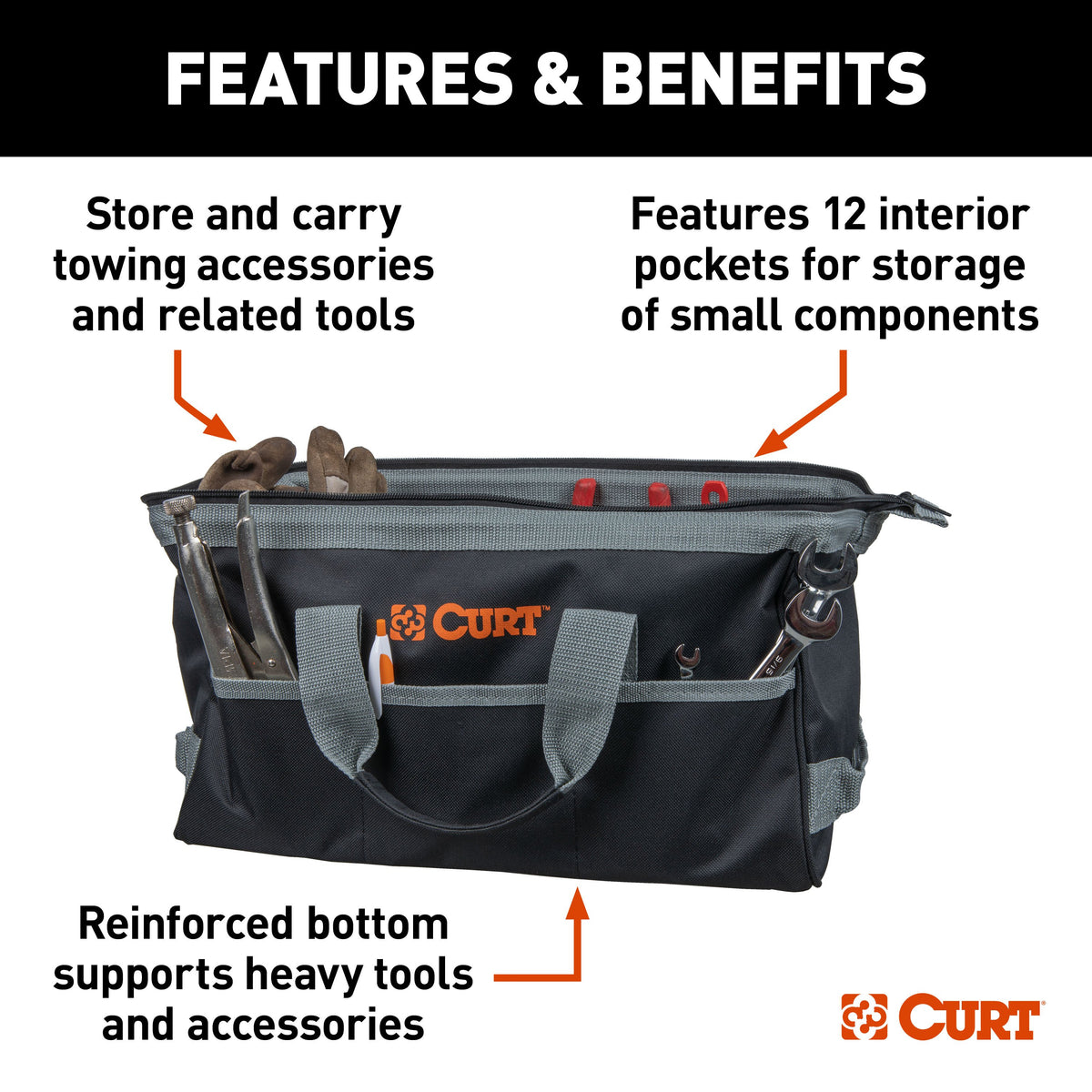 CURT 70004 Towing Accessories Storage Tool Bag, 14 Pockets, Reinforced Webbing