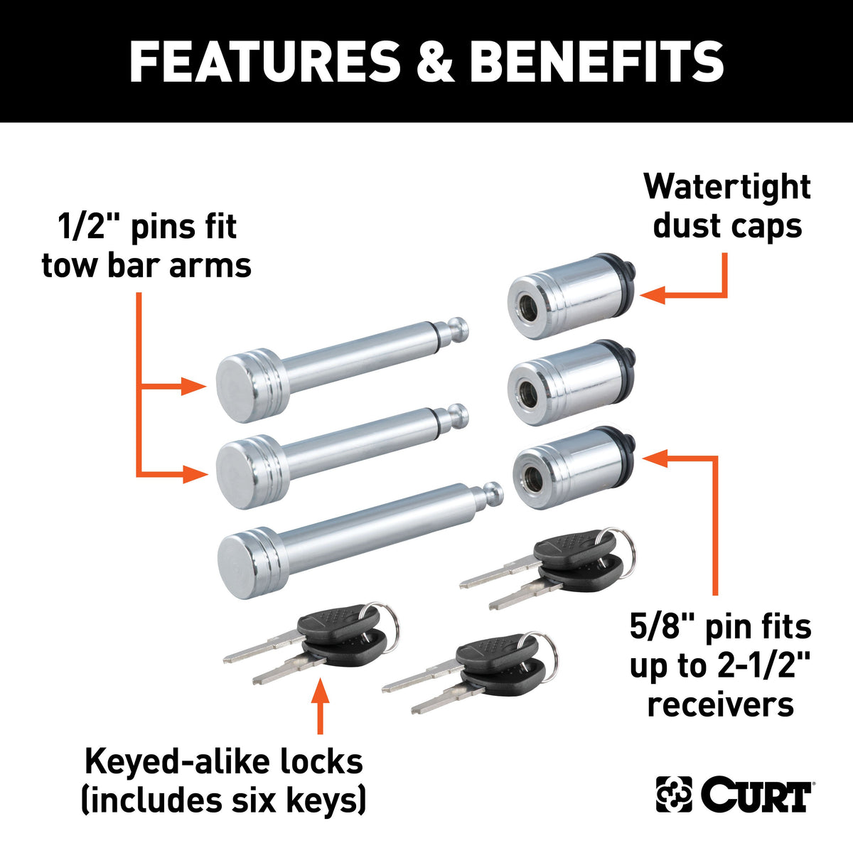 CURT 70005 Rambler RV Tow Bar Lock Set, 3-Pack, Keyed-Alike