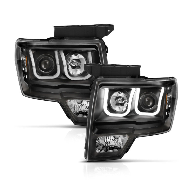 ANZO 2009-2014 Ford F-150 Projector Headlights w/ U-Bar Switchback Black w/ Amber - 111383