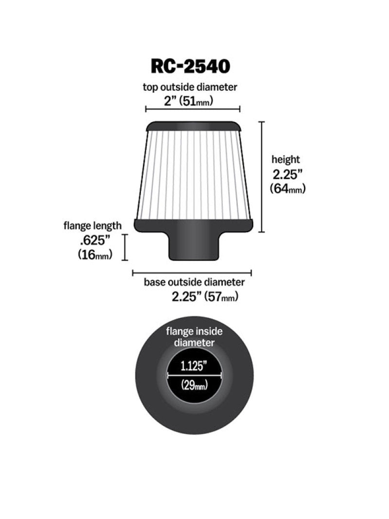 K&amp;N Universal Chrome Filter 1 1/8 inch FLG / 2 1/4 inch Bottom / 2 inch Top / 2.5 inch Height - RC-2540