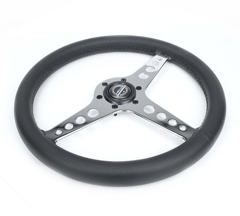 NRG Light Weight Gaming Steering Wheel - Driftz 350mm 3 Chrome Spokes Perforated Leather - ST-034CH-PR - close-up view