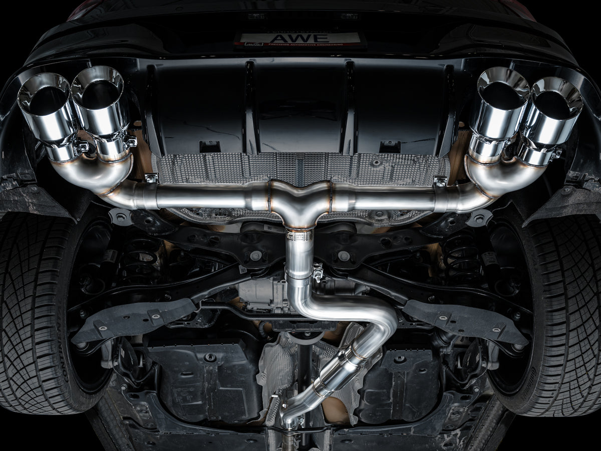 AWE MK8 Volkswagen Golf R 3in Track Edition Quad Exhaust - Chrome Silver Tips - 3020-42658