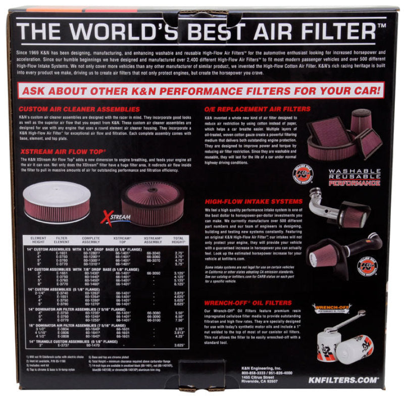 K&amp;N Round Air Filter Assembly 14in. ID / 4..12in. Height / 5.125in. Neck Flange / 7/8in. Drop Ba - 60-1440