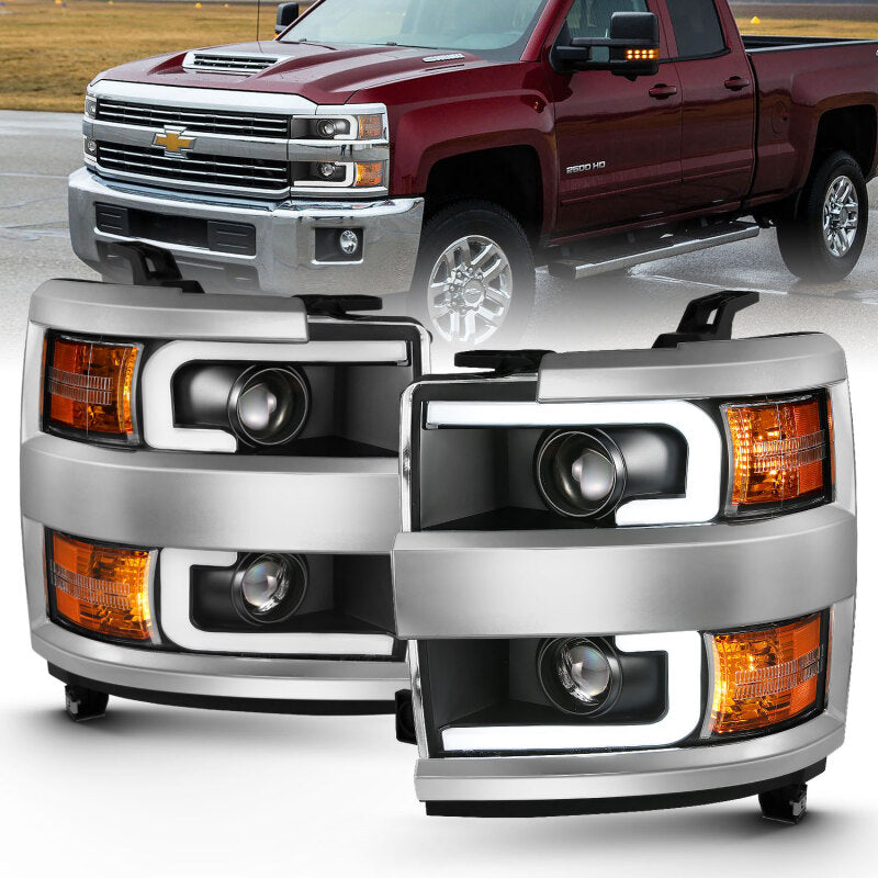 ANZO 2015-2016 Chevrolet Silverado Projector Headlights w/ Plank Style Design Black w/ Amber - 111359