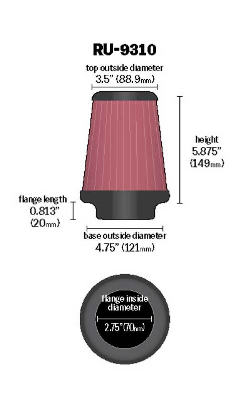 K&amp;N Universal Clamp-On Air Filter 2-3/4in FLG / 4-3/4in B / 3-1/2in T / 5-7/8in H - RU-9310