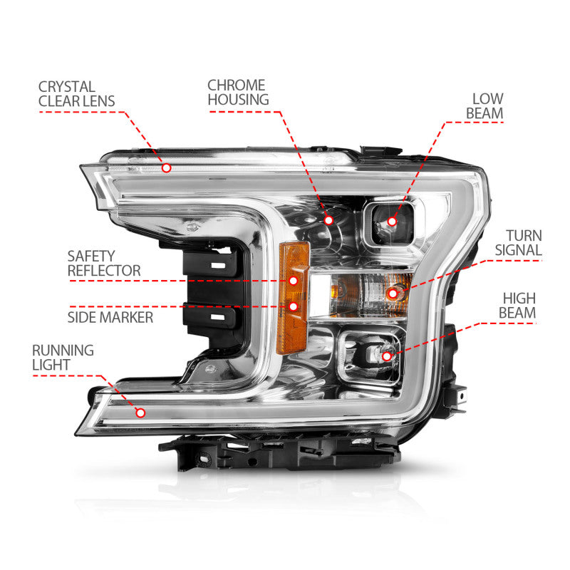 ANZO 18-19 Ford F-150 Projector Headlights w/Plank Style Switchback Chrome w/Amber - 111399