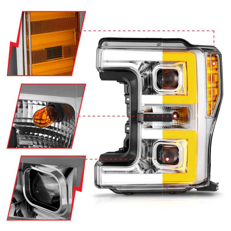 ANZO 17-19 Ford F-250/350/450 SD (w/o Factory LED HL) LED Proj Headlights w/Light Bar Switchback Chr - 111578
