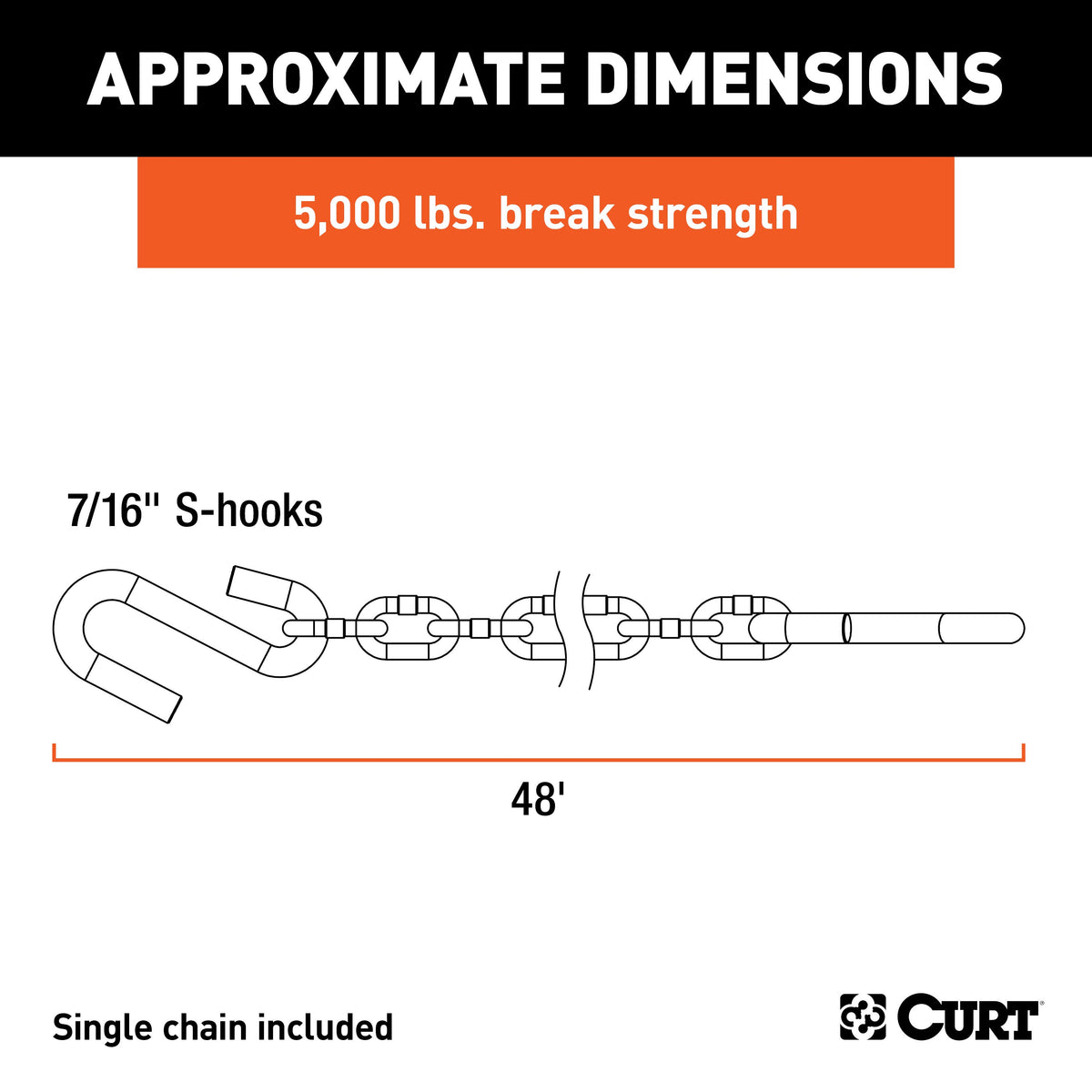 CURT 80030 48-Inch Trailer Safety Chain with 7/16-In S-Hooks, 5,000 lbs Break Strength