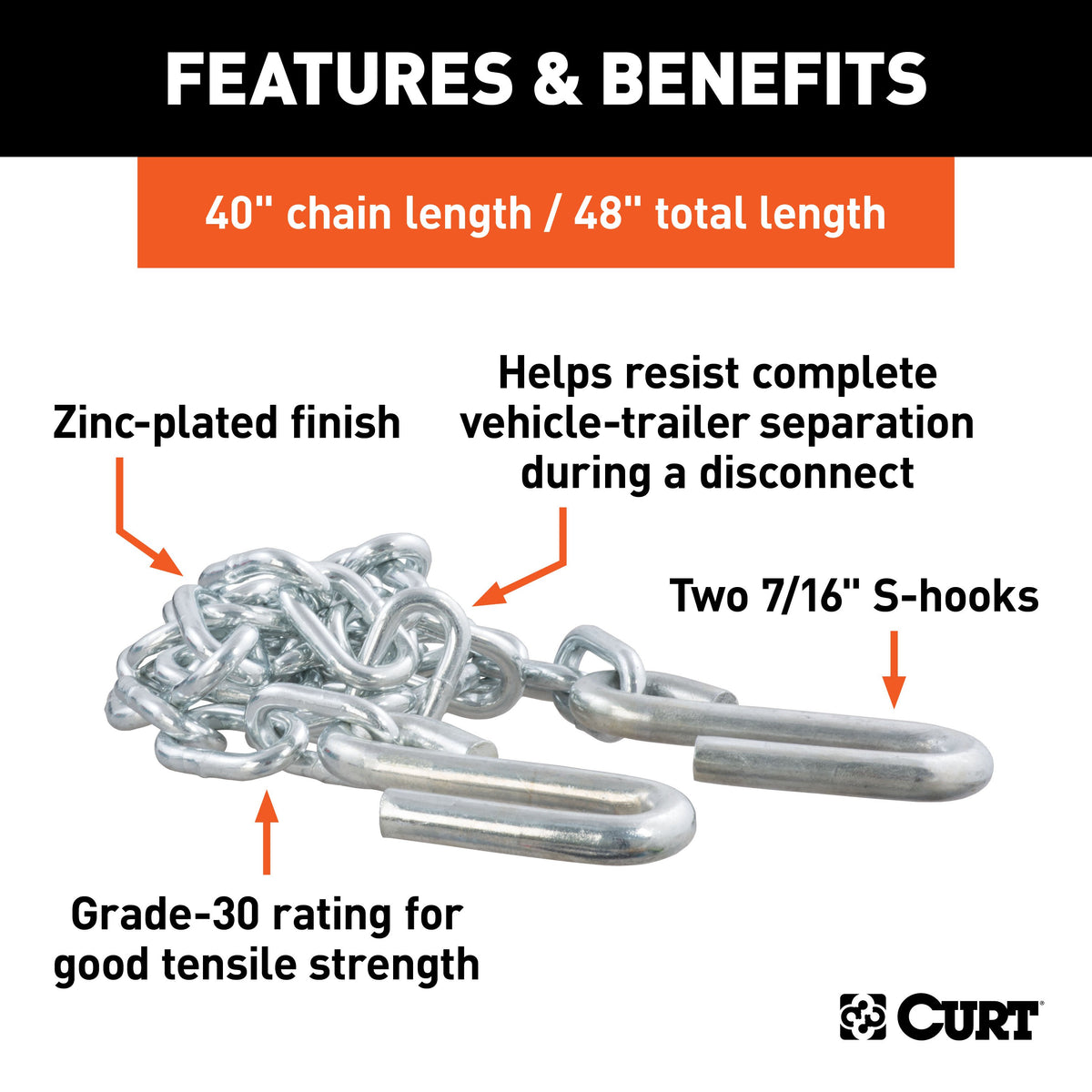 CURT 80030 48-Inch Trailer Safety Chain with 7/16-In S-Hooks, 5,000 lbs Break Strength