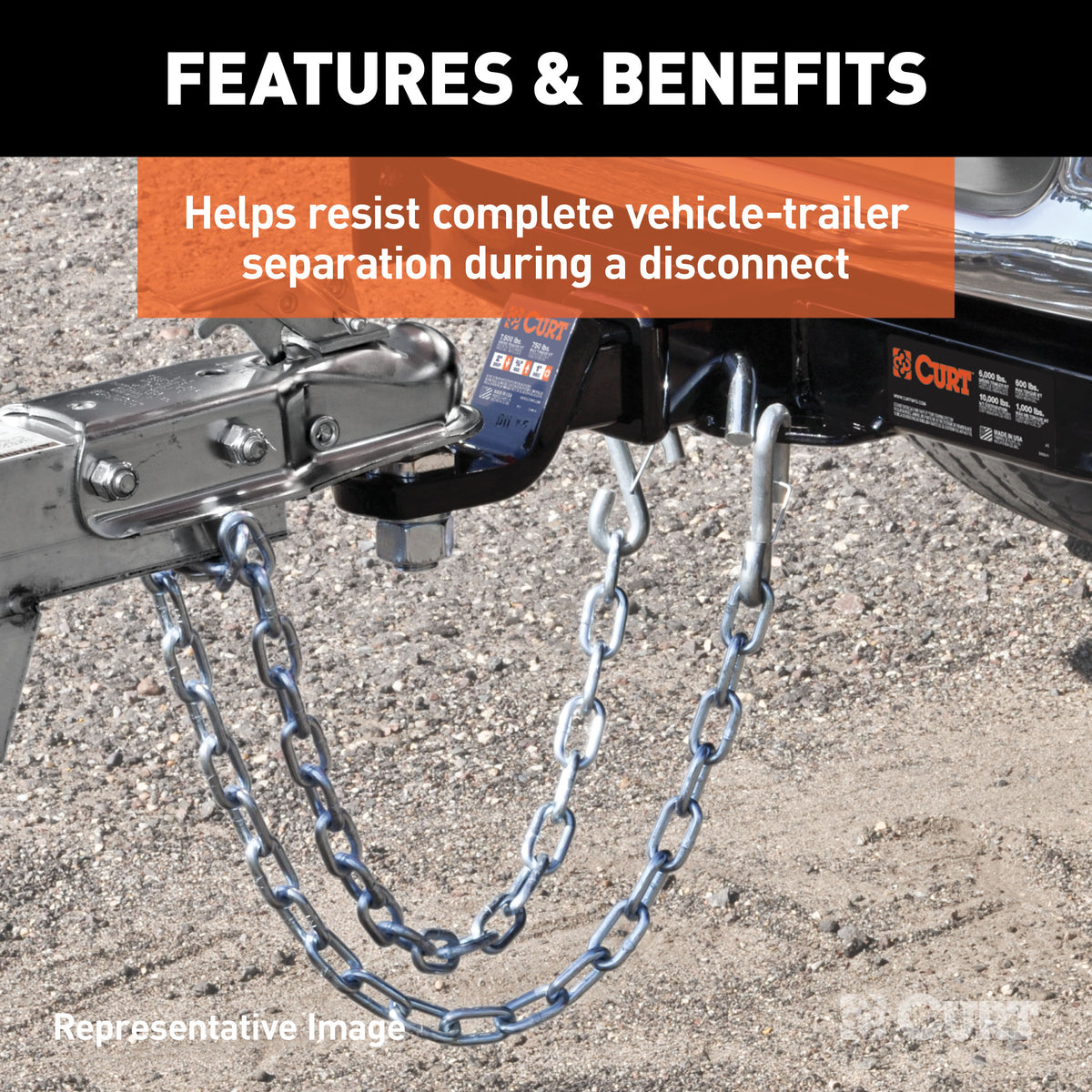 CURT 80030 48-Inch Trailer Safety Chain with 7/16-In S-Hooks, 5,000 lbs Break Strength