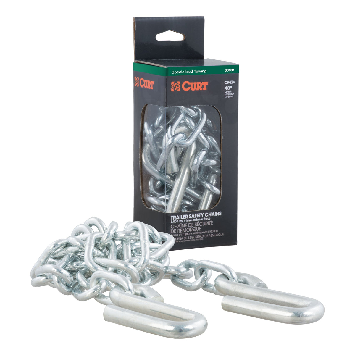 CURT 80031 48-Inch Trailer Safety Chain with 7/16-In S-Hooks, 5,000 lbs Break Strength