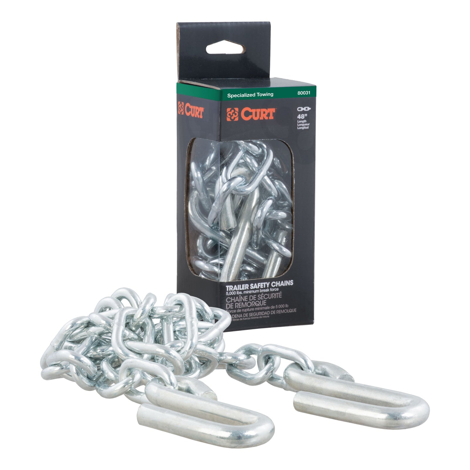 CURT 80031 48-Inch Trailer Safety Chain with 7/16-In S-Hooks, 5,000 lbs Break Strength