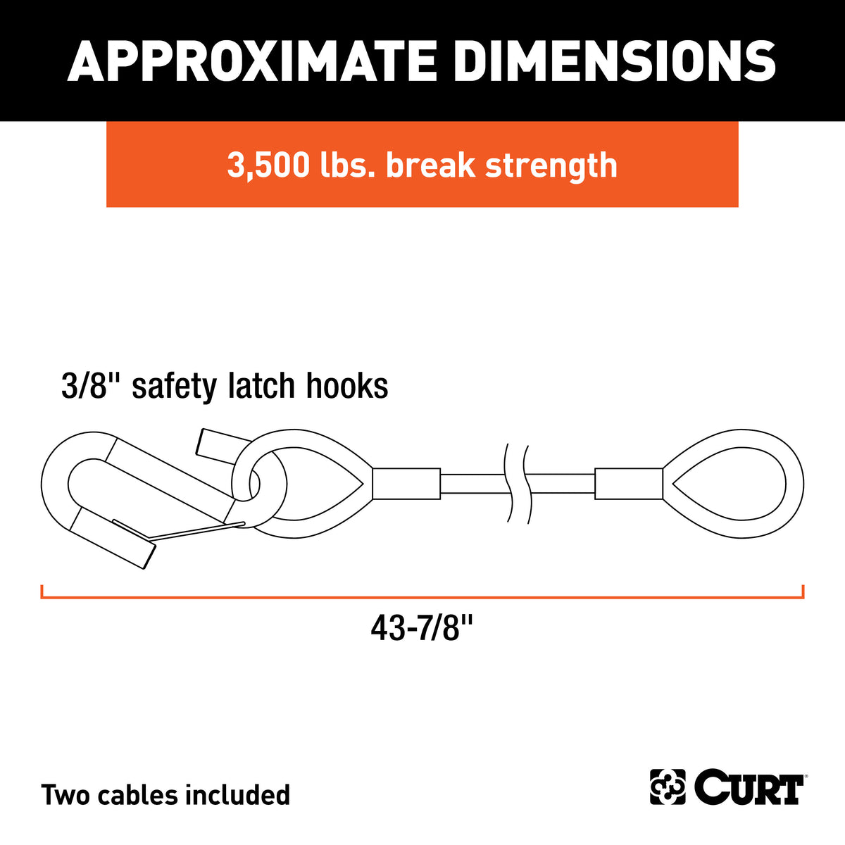 CURT 80136 43-7/8-Inch Vinyl-Coated Trailer Safety Cables, 3/8-In Snap Hooks, 3,500 lbs Break Strength, 2-Pack