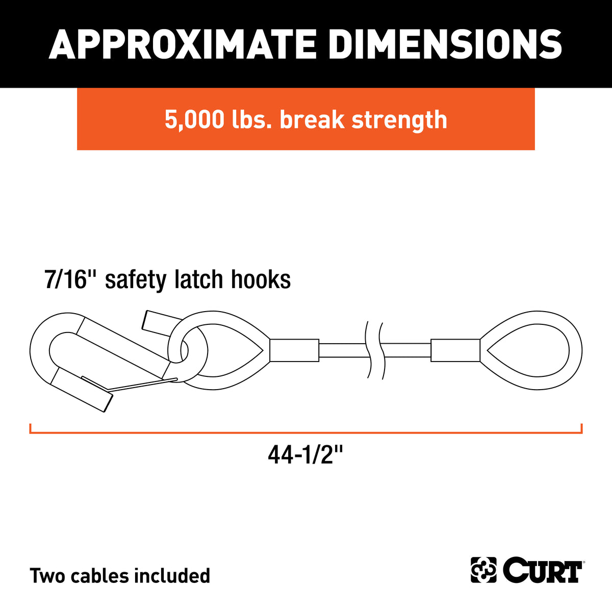 CURT 80151 44-1/2-Inch Vinyl-Coated Trailer Safety Cables, 7/16-In Snap Hooks, 5,000 lbs Break Strength, 2-Pack