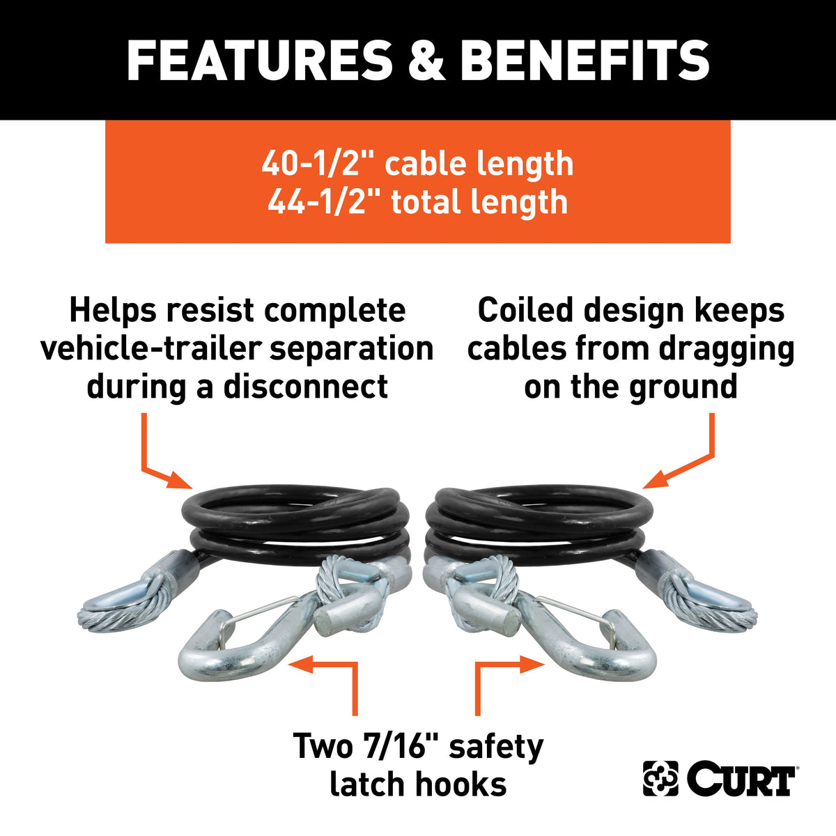 CURT 80151 44-1/2-Inch Vinyl-Coated Trailer Safety Cables, 7/16-In Snap Hooks, 5,000 lbs Break Strength, 2-Pack