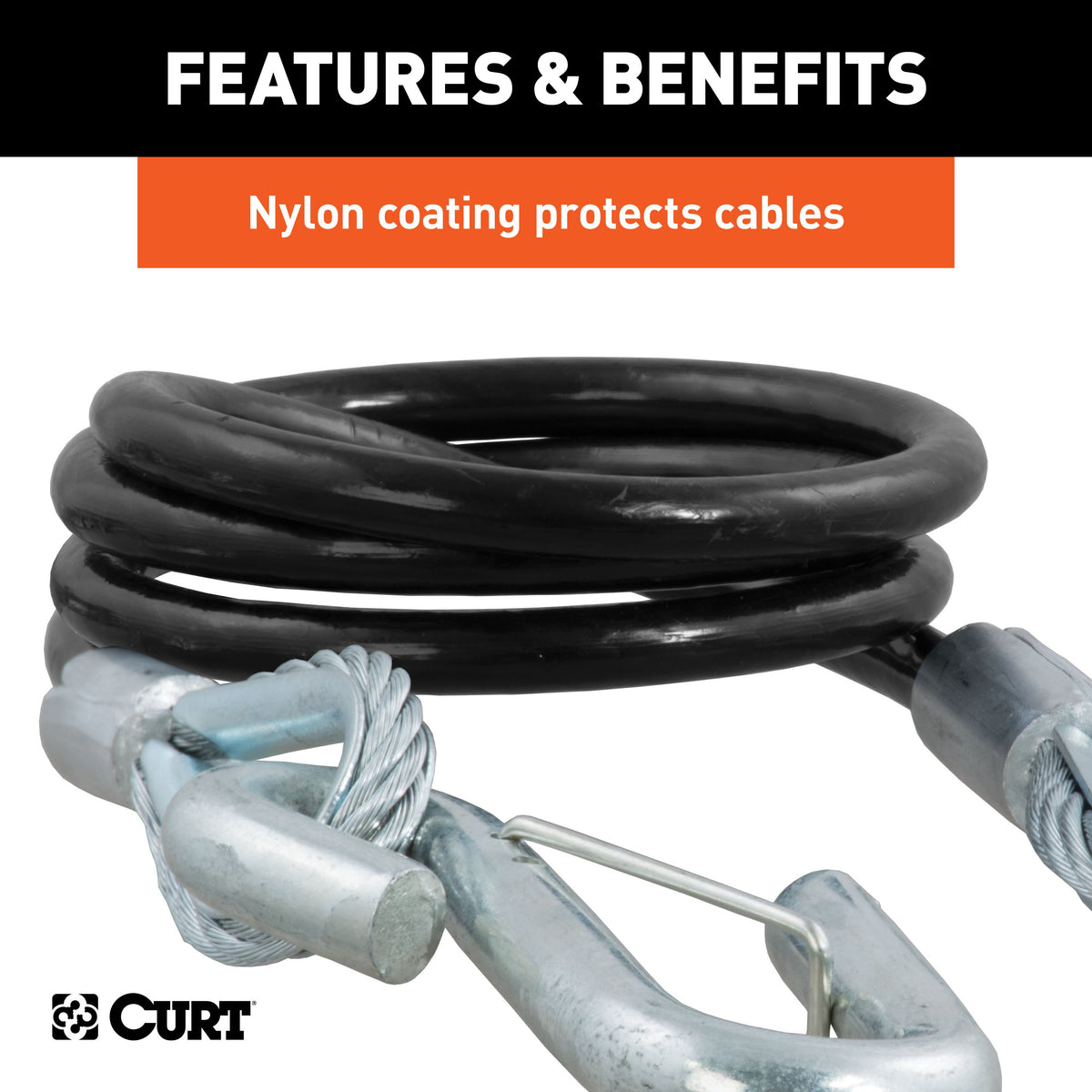 CURT 80151 44-1/2-Inch Vinyl-Coated Trailer Safety Cables, 7/16-In Snap Hooks, 5,000 lbs Break Strength, 2-Pack