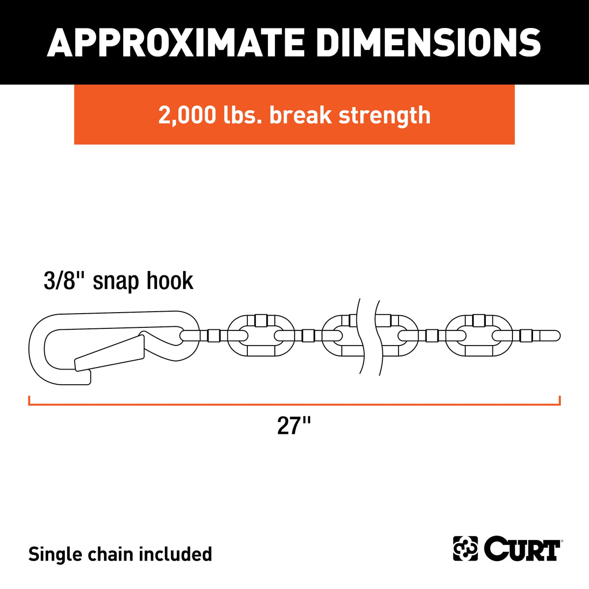CURT 80312 27-Inch Trailer Safety Chain with 3/8-In Snap Hook, 2,000 lbs Break Strength