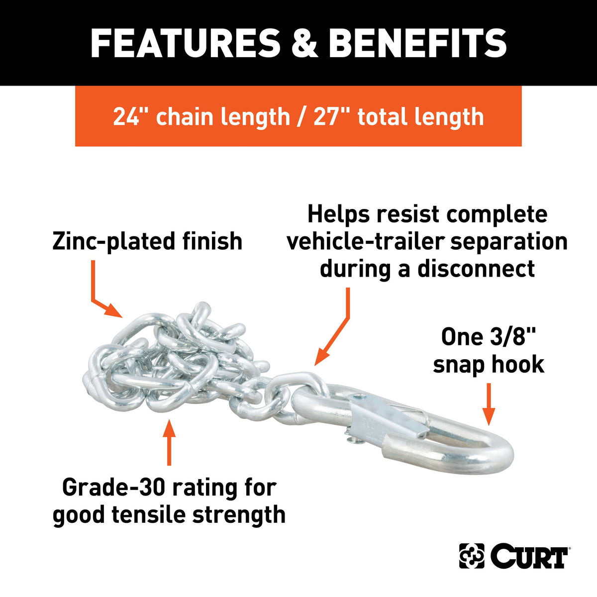 CURT 80312 27-Inch Trailer Safety Chain with 3/8-In Snap Hook, 2,000 lbs Break Strength