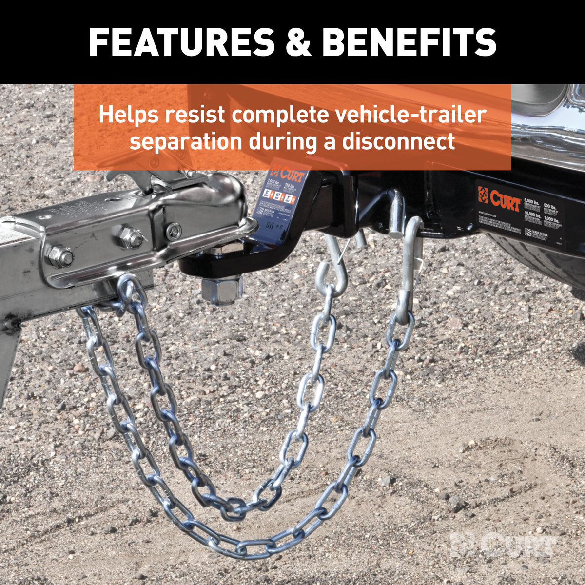 CURT 80312 27-Inch Trailer Safety Chain with 3/8-In Snap Hook, 2,000 lbs Break Strength