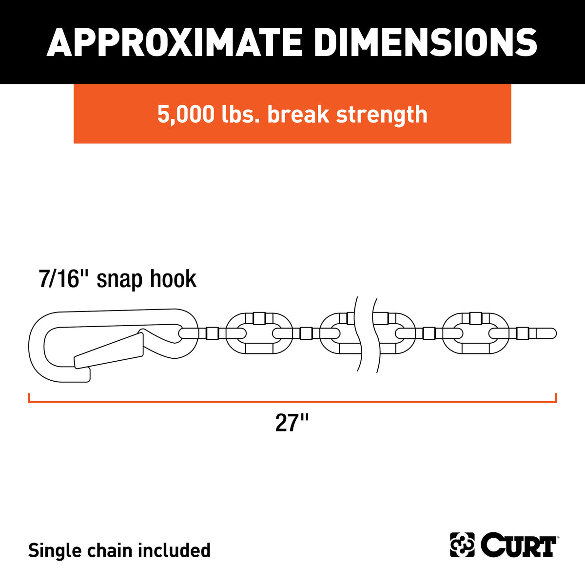 CURT 80313 27-Inch Trailer Safety Chain with 7/16-In Snap Hook, 5,000 lbs Break Strength