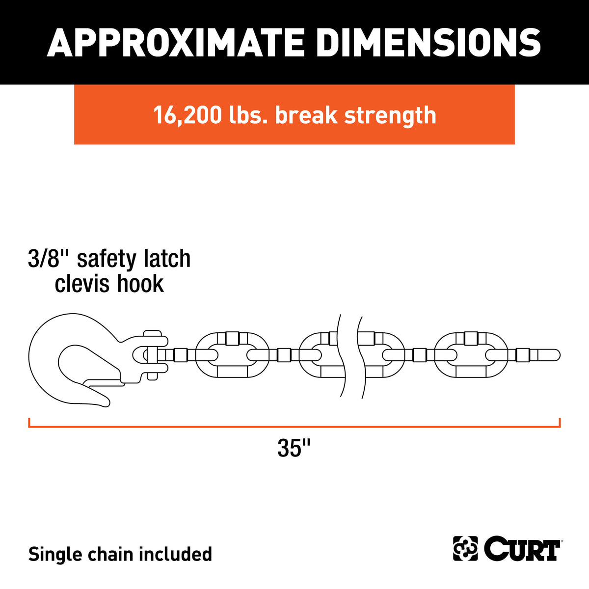 CURT 80315 35-Inch Trailer Safety Chain with 3/8-In Clevis Snap Hook, 16,200 lbs Break Strength