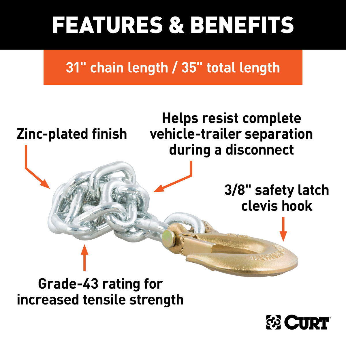 CURT 80315 35-Inch Trailer Safety Chain with 3/8-In Clevis Snap Hook, 16,200 lbs Break Strength