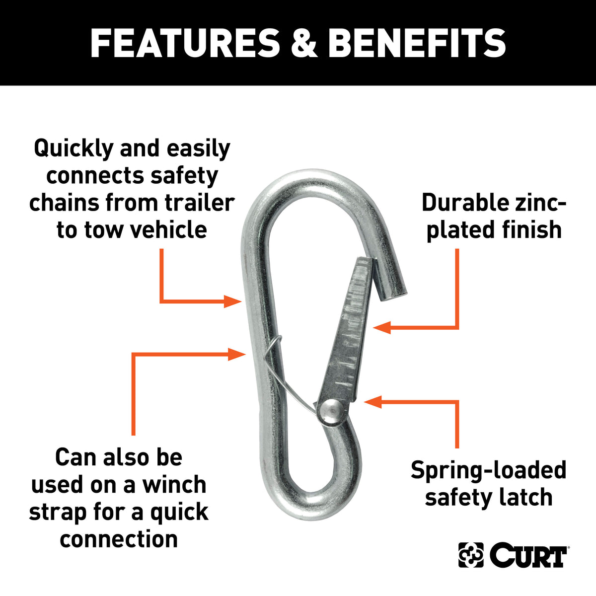 CURT 81266 Snap Hook Trailer Safety Chain Hook Carabiner Clip, 3/8-Inch Diameter, 2,000 lbs