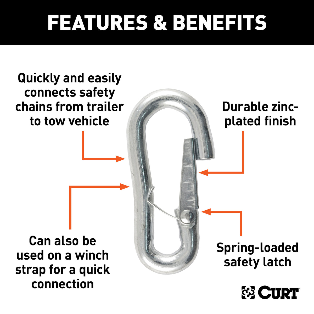 CURT 81277 Snap Hook Trailer Safety Chain Hook Carabiner Clip, 7/16-Inch Diameter, 5,000 lbs