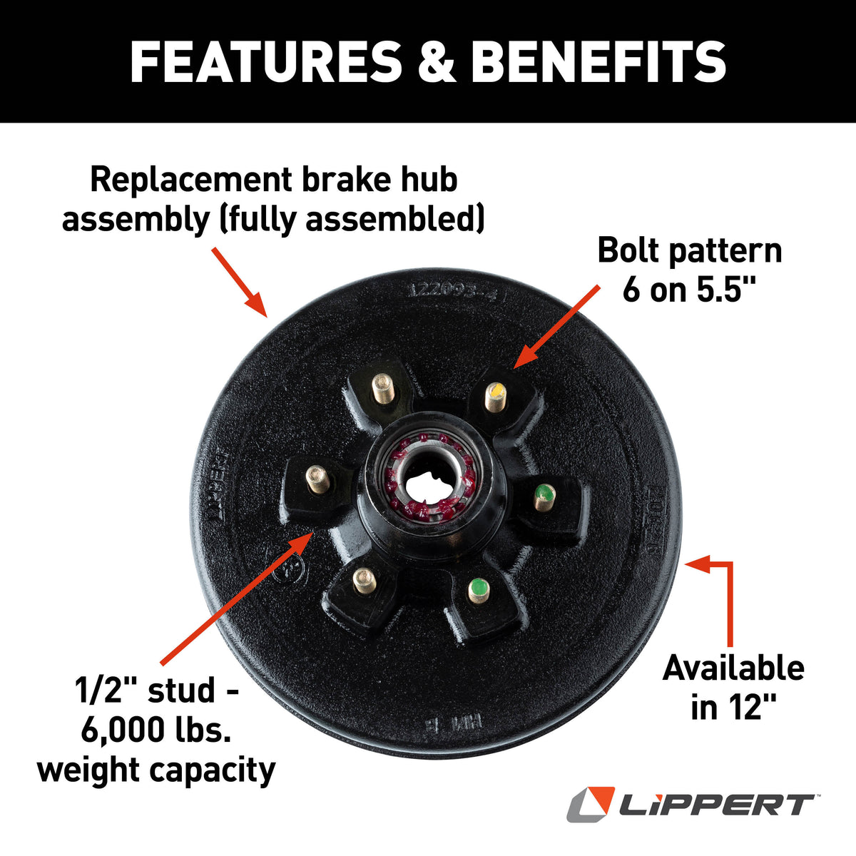 CURT 814202 12" RV Brake Drum Hub Assembly for 6,000-lb. Axle - 6 on 5.5", 1/2" Stud (Fully Assembled)