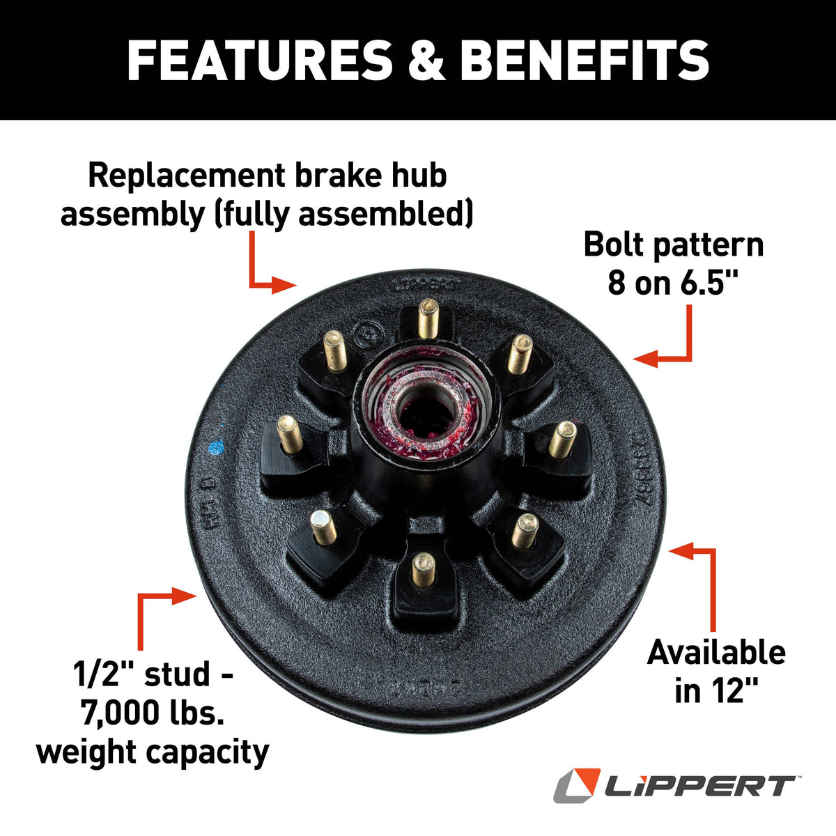 CURT 814203 12" RV Brake Drum Hub Assembly for 7,000-lb. Axle - 8 on 6.5", 1/2" Stud (Fully Assembled)