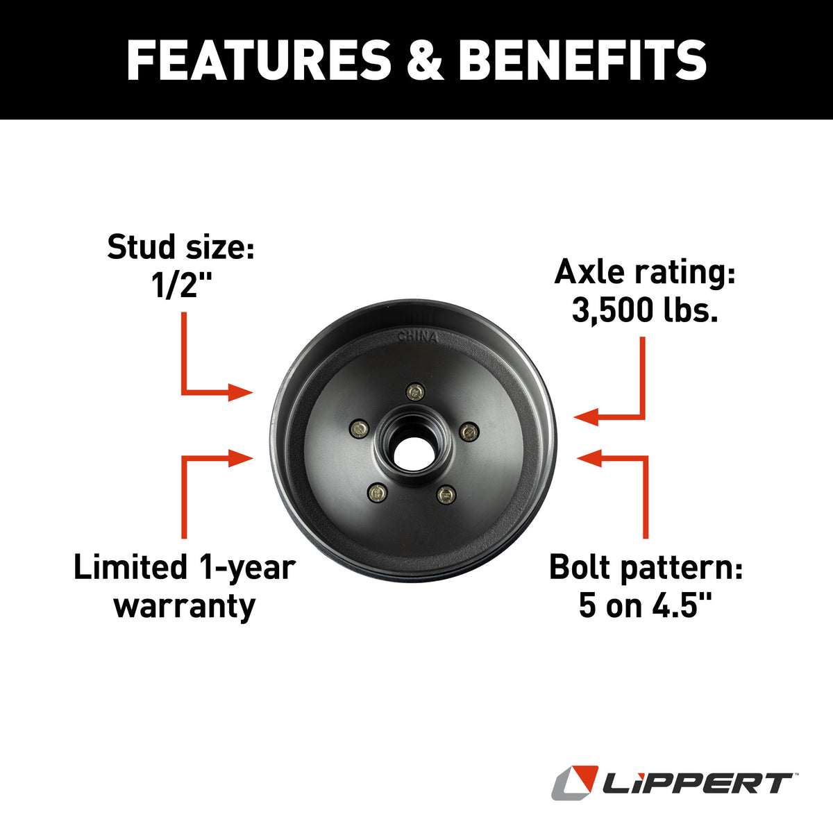 CURT 814210 10" Brake Drum Hub Assembly for 3,500-lb. Axle - 5 on 4.5", 1/2" Stud (with Bearing Cone Kit)