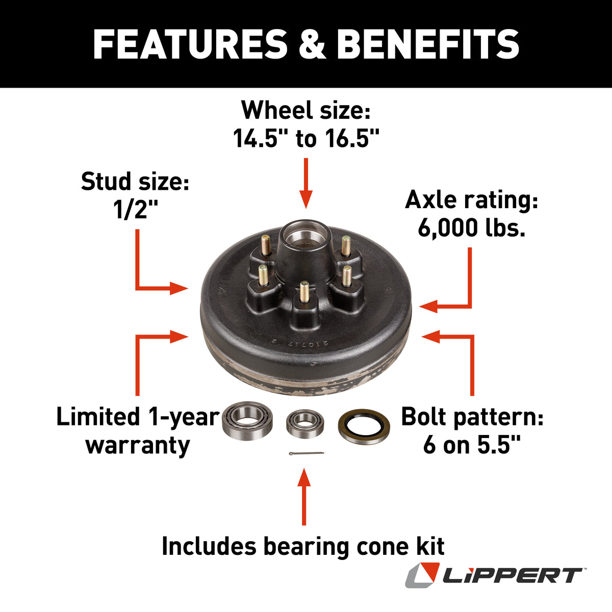 CURT 814211 12" Brake Drum Hub Assembly for 6,000-lb. Axle - 6 on 5.5", 1/2" Stud (with Bearing Cone Kit)