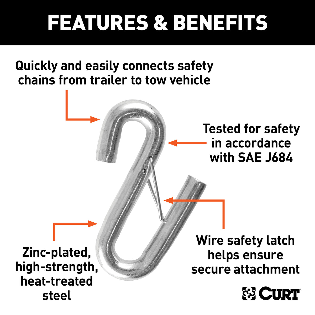CURT 81830 17/32-Inch Certified Trailer Safety Chain S-Hook with Latch, 7,600 lbs